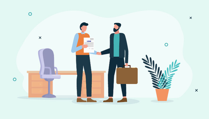 Illustration of two businessmen in an office holding a document with the word 'loan' written on it