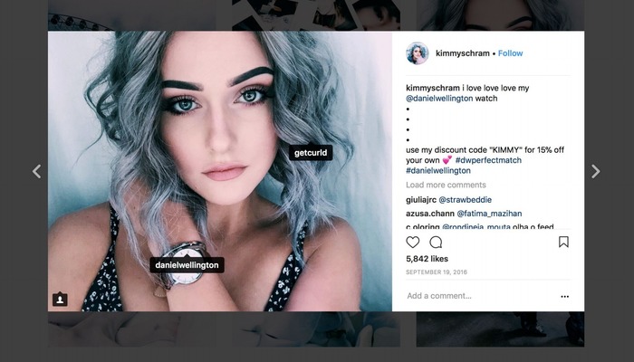 Instagram influencer Kimmy Schram marketing a Daniel Wellington watch