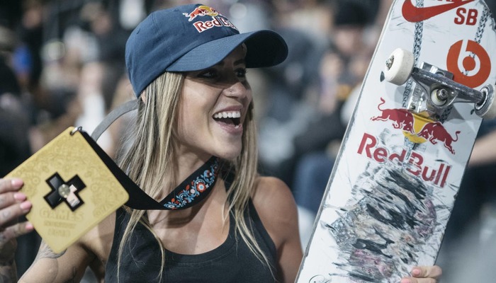 Brazilian skateboarder Leticia Bufoni with her X-Games medal