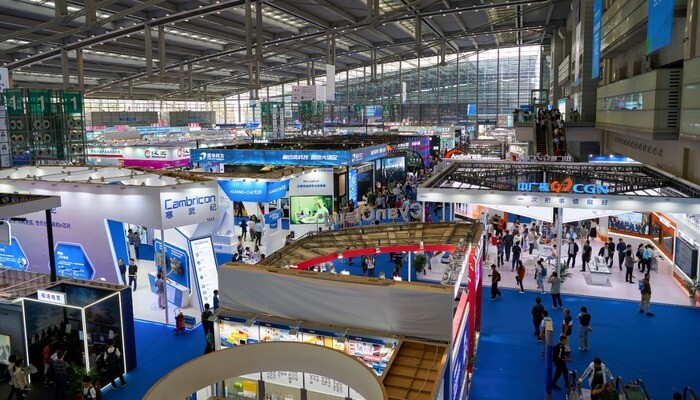 Top view of exhibition stands and people at China Hi-Tech Fair 2019 at Shenzhen Convention & Exhibition Center.